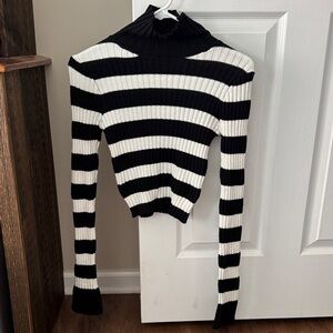 Altar'd State Black & White Striped Ribbed Mockneck